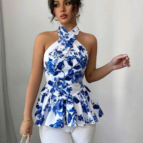 Neck Tie Bowknot Blue Printed Blouse - Picture 4 of 4